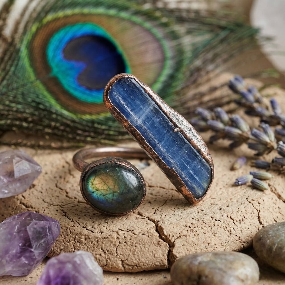 Genuine Labradorite Kyanite Copper Adjustable Ring Handmade Boho Statement Gift